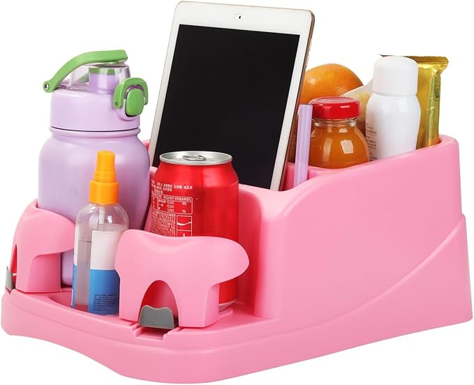 Big Plastic Console for Cars, Trucks, Minivans, SUVs with 2 Adjustable Drink Cup Holders pad Book Holder, Back Bench and Front Seat or Floor Middle Console Universal Vehicle Organizer Pink