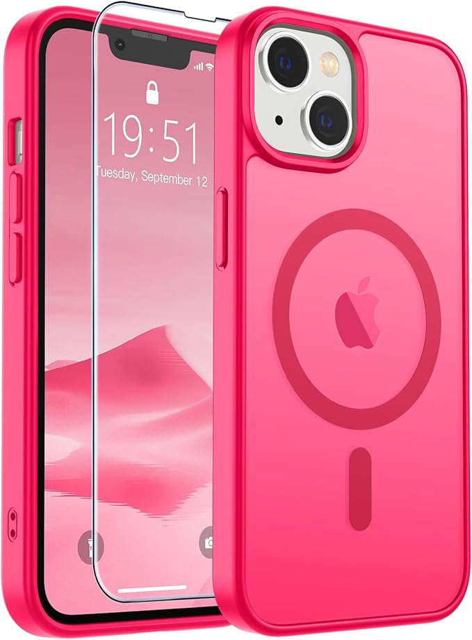 SUPFINE Magnetic for iPhone 14 Case & iPhone 13 Case (Compatible with MagSafe) (Military Grade Drop Protection) Slim Translucent Matte Shockproof Phone Cover,Hot Pink