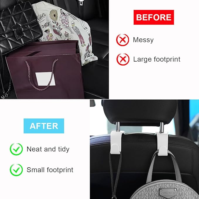 Ziciner Car Seat Headrest Hooks, 4 Pack Auto Durable Backseat Hangers Storage Organizer, Universal Vehicle Interior Holder Accessories for Purse, Grocery Bags, Handbag, Cloths ect (White)