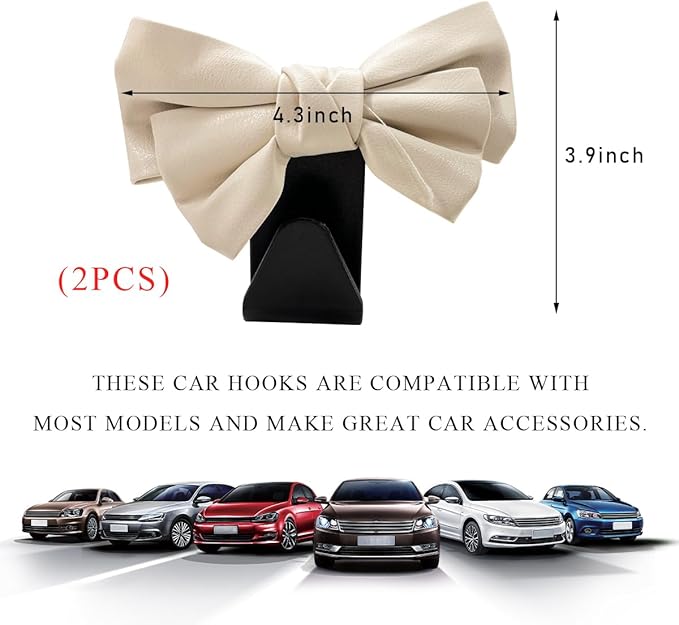 2 PCS Car Seat Headrest Hooks, Cute Bow Shaped Vehicle Backseat Storage Hooks, Leather Bow Shaped Sturdy Car Seat Back Hooks for Purses/Coats/Umbrellas, Car Accessories (Black & White)