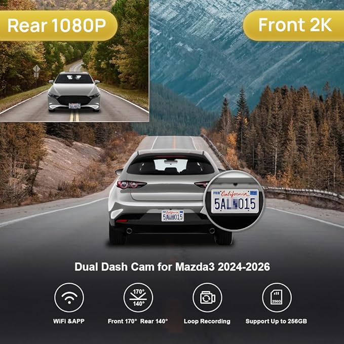 Fitcamx Front 2K+Rear 1080P Dash Cam for 2024 2025 Mazda 3 Select Sport Premium Plus Turbo Carbon Edition Preferred, OEM Look, Dual Loop Recording, WiFi & APP, Parking Mode, Easy to Set, 64GB Card
