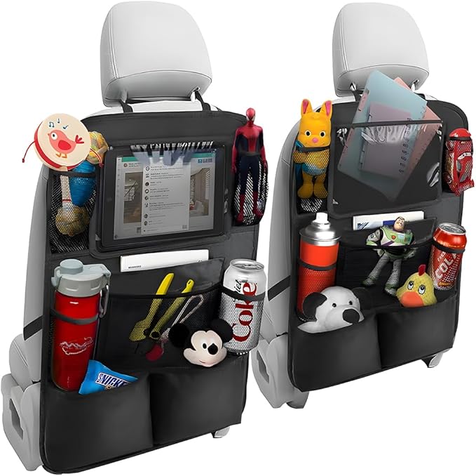 2PCS Car Seat Back Organizer, Waterproof Vehicle Storage Bag with Touch Screen Tablet Holder & 9 Pockets, Auto Kick Mats Back Seat Protector for Kids, Universal Travel Accessories (Black/Large)