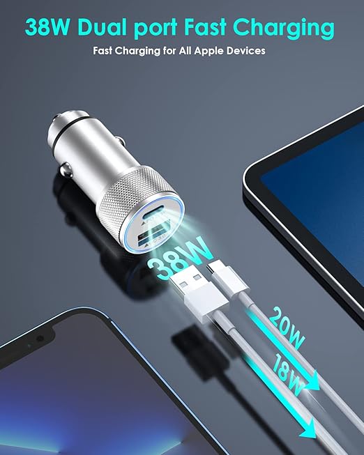 iPhone Fast Car Charger,[Apple Certfied] 38W Dual USB C Car Charger Adapter All Metal 2 Port Quick Charging with 2Pack Apple Lightning Cable for iPhone 13 Pro Max Mini 12 11 Xr Xs X 8 AirPods iPad