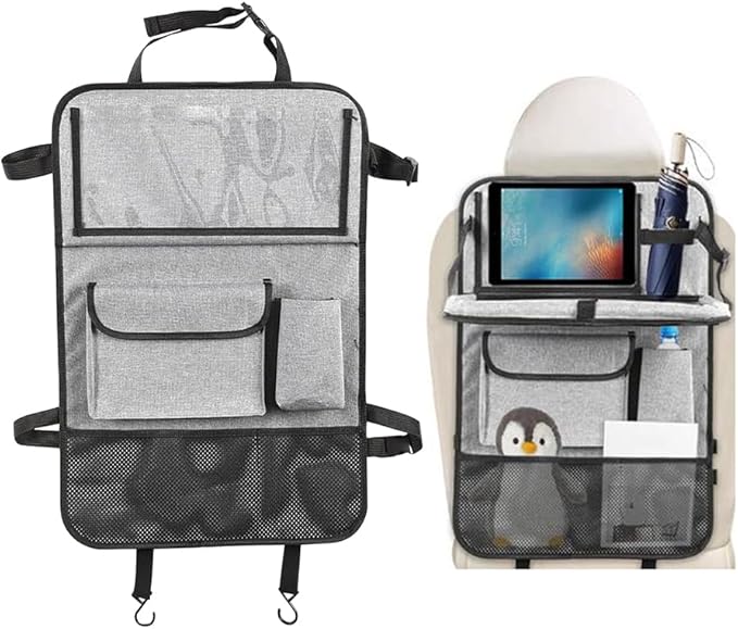 Car Backseat Organizer with Foldable Table Tray, 6 Storage Pocket Vehicle Seat Back Protector Kick Mat with Touch Screen Phone Holder, Auto Seat Organizer for Travel, Universal Fit (Grey)