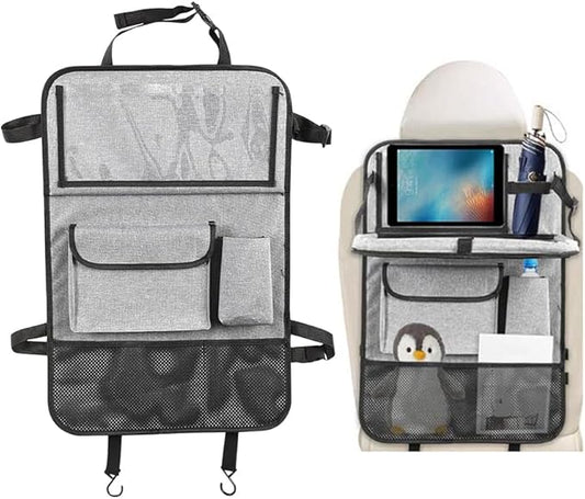Car Backseat Organizer with Foldable Table Tray, 6 Storage Pocket Vehicle Seat Back Protector Kick Mat with Touch Screen Phone Holder, Auto Seat Organizer for Travel, Universal Fit (Grey)