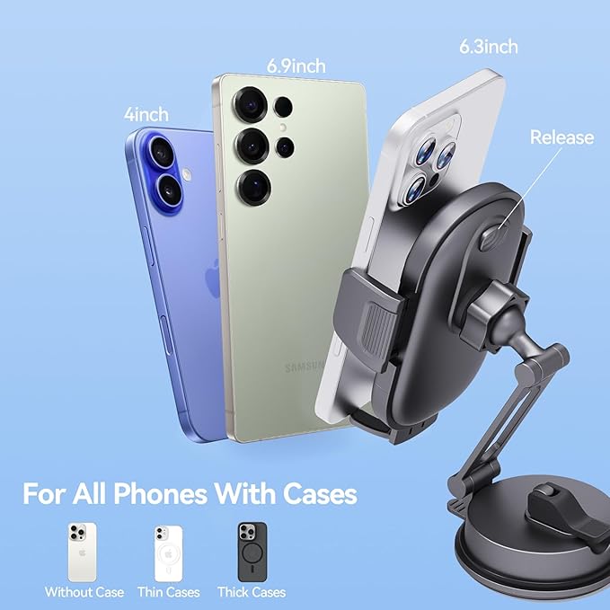 Universal Vacuum Phone Holders for Your Car [360° Rotation Metal Holder] Upgraded Suction Cup Phone Mount for Car/Tesla/Mirror/Wall, Foldable Tesla Phone Mount for All Phones and Thick Cases