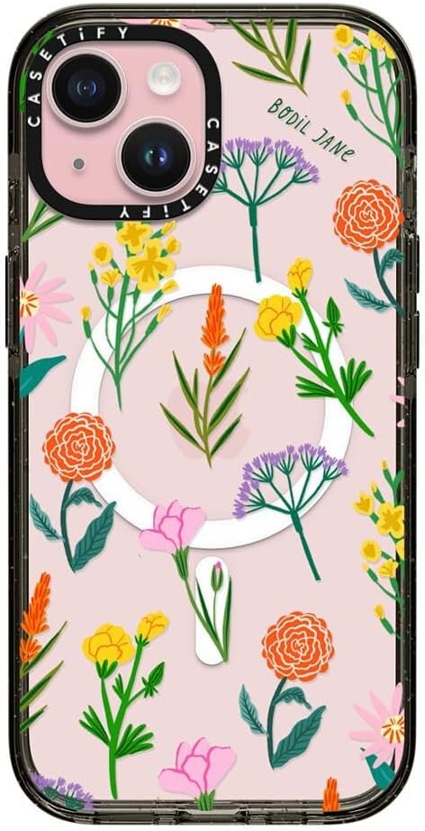 CASETiFY Impact iPhone 15 Case [Slim/Compatible with Magsafe / 8.2 ft. 4X Military Grade Drop Protection] - Flowers - Clear Black