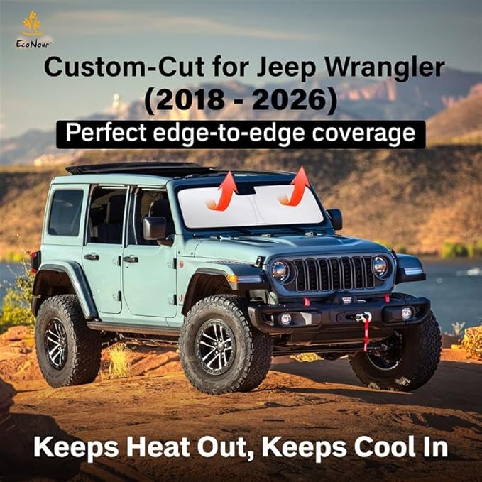 Econour Windshield Sun Shade Compatible for Jeep Wrangler & Gladiator 2018-2024 2025 2026, Sun Visor for Front Windshield & Window Sun Shade Cover, UV Heat Blocker & Protector, Car Accessories