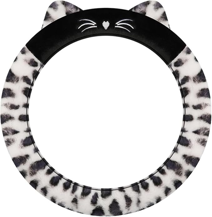Dotesy 3D Ear Furry Cheetah Car Steering Wheel Cover Set Fluffy Faux Wool Steering Wheel Protector Leopard Anti-Slip Soft Warm Car Accessories for Women (White Black)