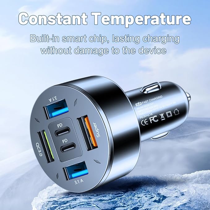 66W Multi-Port USB C Car Phone Charger, 6 in 1 Super Fast Charging Cigarette Lighter USB Charger for iPhone 16 15 14 13 12 11/Android/Samsung/iPad Pro and More (Black)