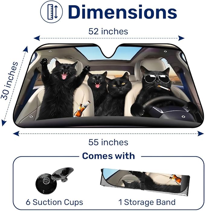 GENANY Cat Windshield Sun Shade for Car SUV Truck (55x30 Inches), Front Window Visor for Windows, Protector Blocks UV