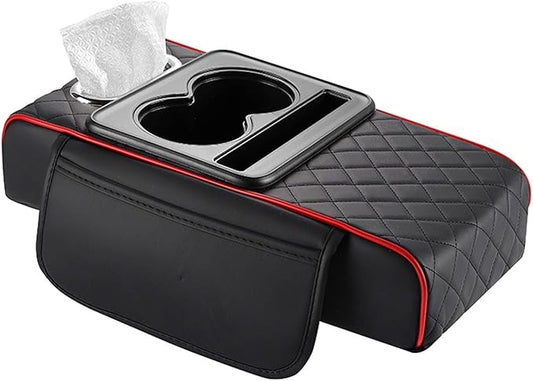 Car Armrest Cushion for Toyota Crown Majesta VI 2009-2015 2016 2017 2018, Car Center Console Cover Armrest Pad with Cup Holder and Tissue Box, Car Accessories,Black-Red