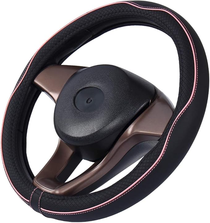 Mayco Bell Universal Standard Size Steering Wheel Cover Anti-Slip,Safety,Soft,Breathable,Durable,Full Surround,Comfortable Grip Microfiber Leather (14.5-15 inch,Black Pink)