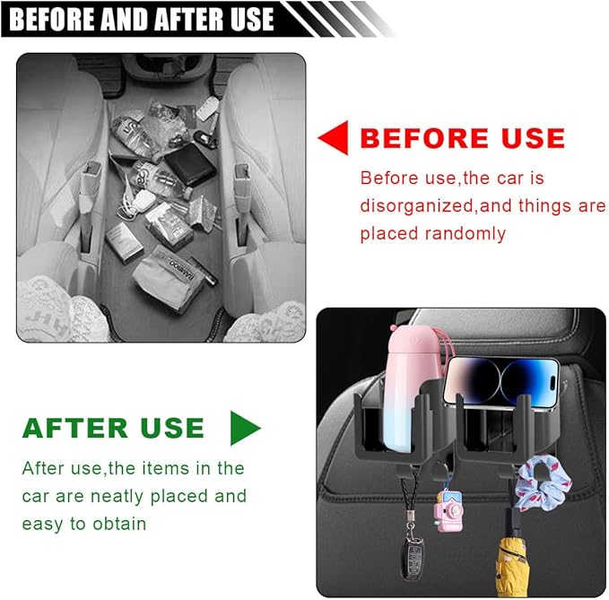 2PCS Multifunctional Car Cup Holder, Car Phone Holder with Headrest Hooks, Hanging Storage Organizer Accessories, Universal Car Back Seat Hook for Purse, Keys, Umbrella, Bag