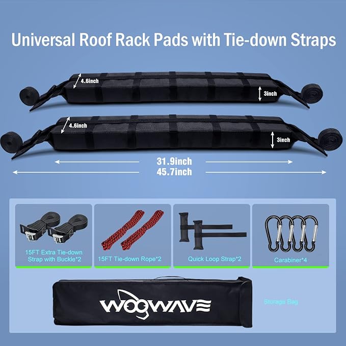 WOOWAVE Premium Kayak Roof Rack Pads Universal Car Soft Roof Rack Kayak Carrier for Canoe/Surfboard/Paddleboard/SUP/Snowboard with Tie Down Straps, Tie Down Rope, Quick Loop Strap and Storage Bag