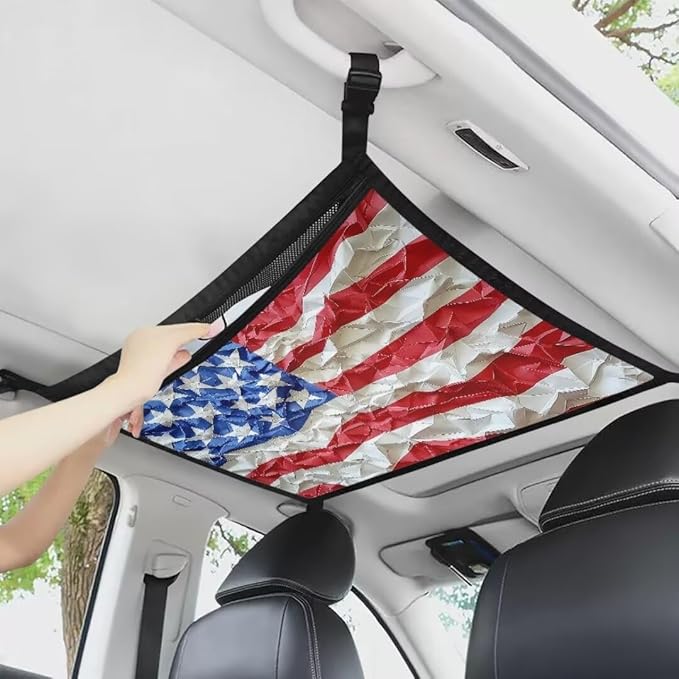 American Flag Print Car Roof Storage Bag Car Seat Storage Hanging Bag All Car Storage Organizers Car Travel Accessories Compatible with Most Cars