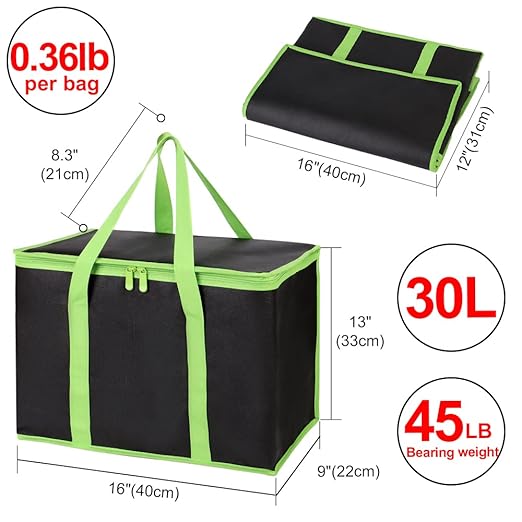 CIVJET 1-Pack Insulated Reusable Grocery Bags, X-Large Insulated Food Delivery Bag for Delivery Drivers, Commercial Food Warmer for Shopping, Tote Cooler Bags, Black with Green Edge