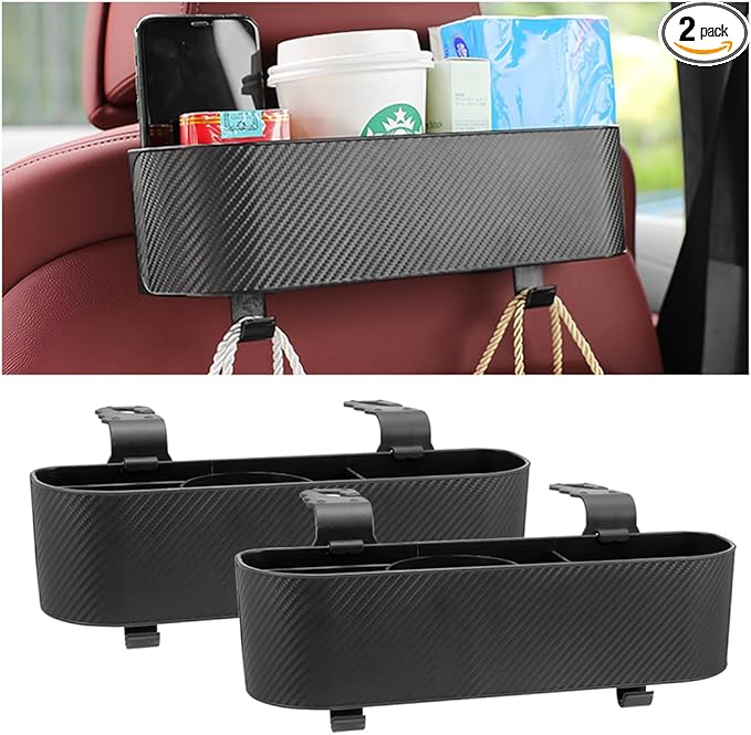 BELOMI 2PCS Car Headrest Backseat Organizer with Cup Holder, Seat Back Hanging Storage Box with Hooks, Multi-Functional Drink Pocket Food Snack Phone Tray for Kids, Car Travel Accessories（Black/2PCS）
