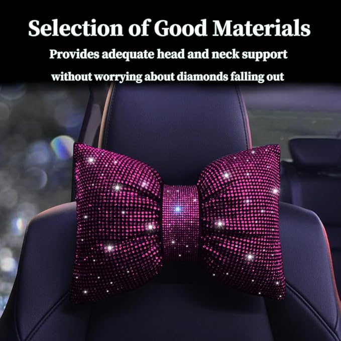 Crystal Seat Head-Rest Pillow Bow Tie Car Neck Headrest Cushion Bling Bling Rhinestones Diamond for Car Girls and Women Neck Support Interior Bling Accessories Purple 2Pcs