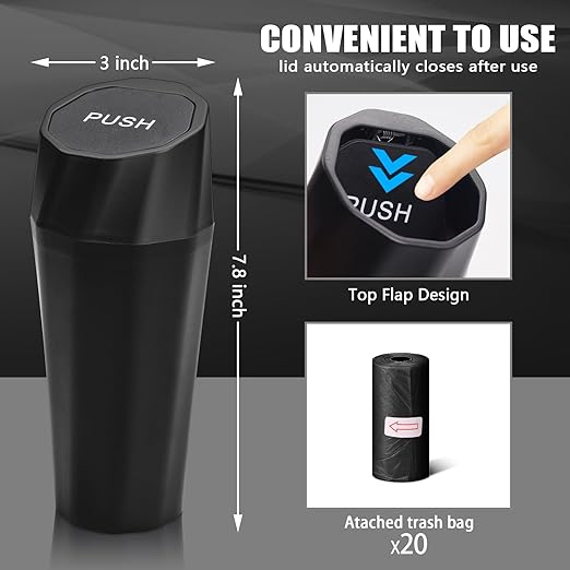 Car Trash Can Bin with Lid - Car Garbage Can with 20pcs Trash Bags for Cup Holder - Black Leakproof Mini Vehicle Trash Bin for SUV Truck - Small Car Organizers and Storage for Door Front Back Seat