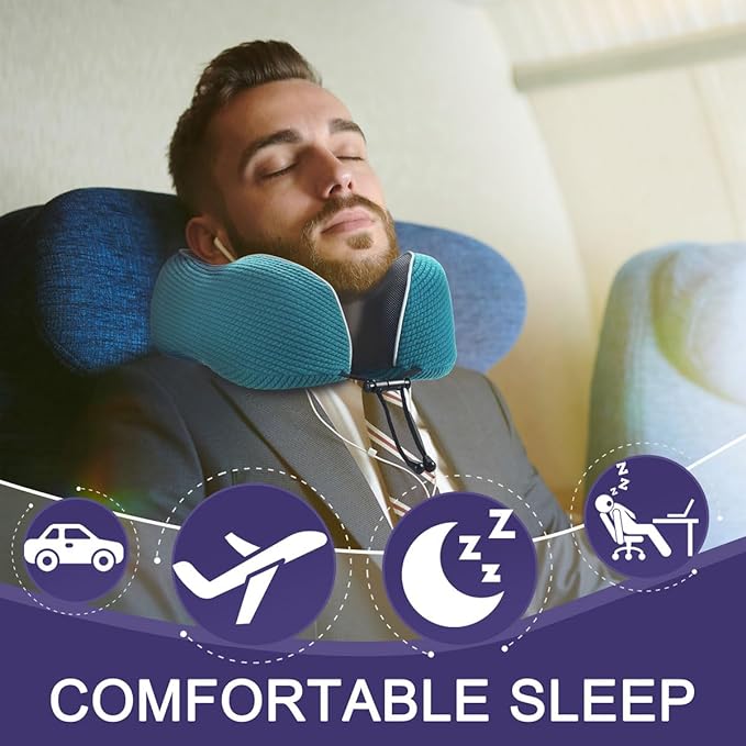 napfun Neck Pillow for Traveling, Upgraded Travel Neck Pillow for Airplane 100% Pure Memory Foam Travel Pillow for Flight Headrest Sleep, Portable Plane Accessories, Teal Striped Kit
