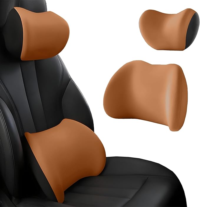 Car Headrest & Lumbar Support Cushion, Car Headrest and Lumbar Support, Ergonomic Car Seat Headrest & Lumbar Cushion, Car Head Rest and Lumbar Pillow Set for Neck Back Pain Relief (Brown)