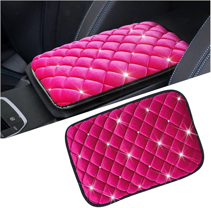Mandark Bling Car Center Console Cover, Crystal Rhinestone Fluffy Automotive Armrest Seat Box Cushion Pad, Soft Comfortable Diamond Arm Rest Protection Mat, Universal Vehicle Accessories (Rose Red)