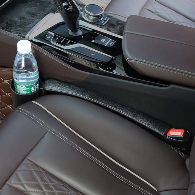 Supin 2 Prices Car Seat Gap Filler Pad PU Leather Console Side Pocket Organizer and one Cup for Cellphone Wallet Coin Key (Black)
