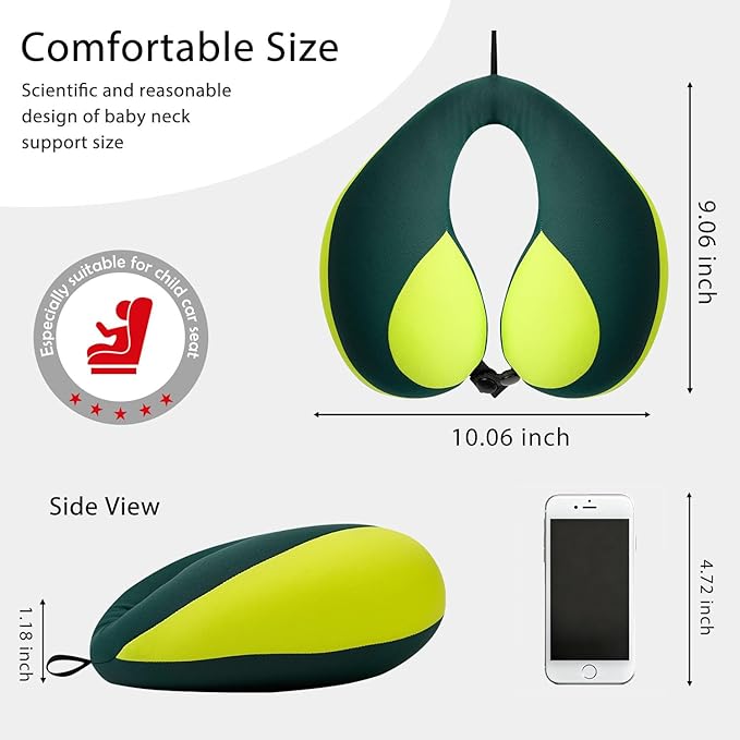 MOOB Neck Pillows for Kids Car & Airplane, Toddler Neck Pillow for Carseat Traveling Gifts for Toddler & Children U-Shape Car Seat Head Travel Neck Pillow Green