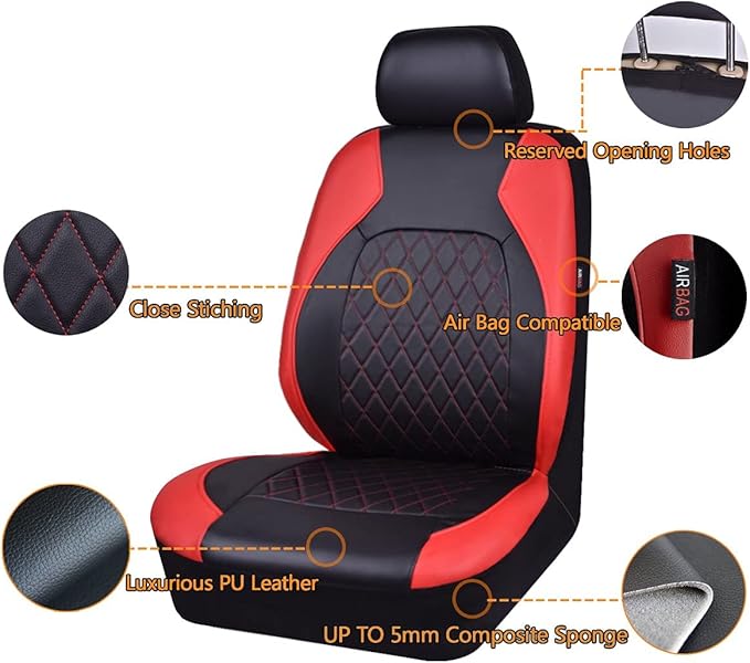Deluxe Pu Luxury Leather Two Front Car Seat Covers, Waterproof Faux Leather Automotive Seat Covers Airbag Compatible Universal Fit for Most Sedans SUVs Vans (Black and Red)