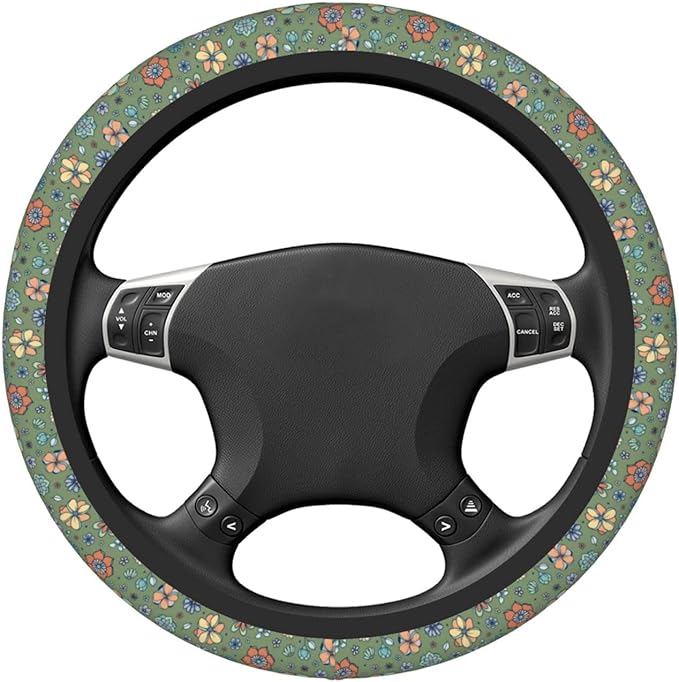 Sage Green Hippie Flower Auto Car Steering Wheel Cover Universal 15 Inch Neoprene Interior Decor Protection Accessories