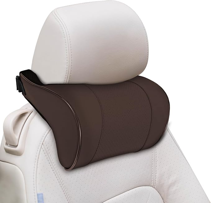Car Neck Pillow with Memory Foam, Soft Comfortable Headrest Pillow for Driving, Ergonomic Design, Auto Seat Neck Support Pillows Head Rest Cushion with Breathable Leather Cover (Coffee)