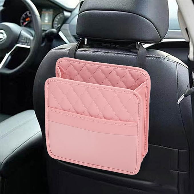 Car Seat Back Organizer, Foldable Leather Vehicle Backseat Storage Bag, Multifunctional Automotive Interior Hanging Pocket Accessories, Universal Fit (Pink)