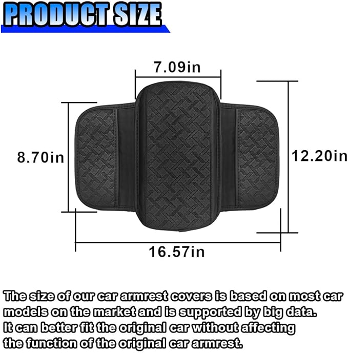 Car Center Console Cover, Leather Car Armrest Storage Box Protector Pad, Middle Console Cover with 2 Side Storage Bags, Vehicle Armrest Cushion for Most Cars, Trucks, SUVs (Black)
