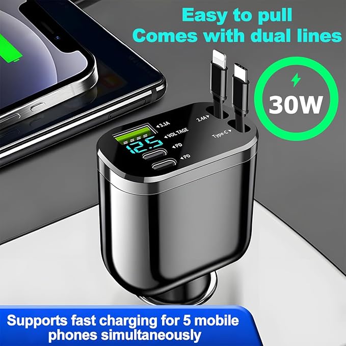 Ankuee Retractable Car Charger, 4 in 1 Super Fast Vehicle Phone Charger Adapter, Auto Cellphone Charging Accessories with Dual Type C Cables & 2 USB Ports, Universal for SUV, Sedan, Truck
