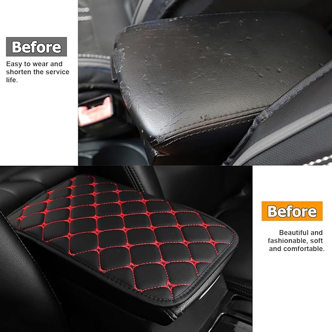 HZEL Car Center Console Cushion Pad, PU Leather Vehicle Armrest Protection Cover, Waterproof Automotive Interior Arm Rest Seat Box Mat Accessories, Universal for SUV, Sedan, Truck (Black/Red)