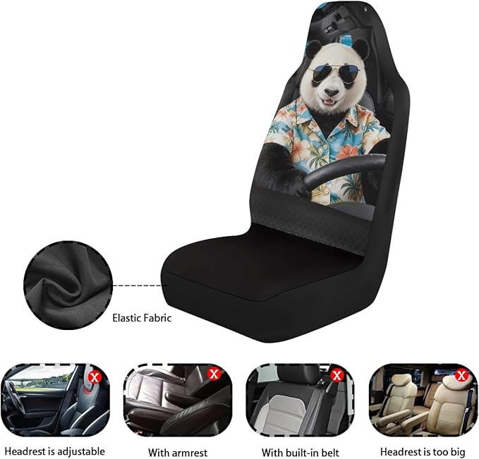 Panda Front Car Seat Cover Nonslip Auto Interior Accessories 2 Pcs Set Stretch Polyester Fabric Cover All-Season Protection Universal Fit for Most Cars SUV and Sedan