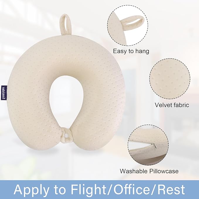Memory Foam Neck Pillow Comfortable Travel Neck Pillow Neck and Head Support Lightweight Portable Airplane Travel Pillow for Sleeping, Traveling,Car, Train, Bus and Home Use Beige