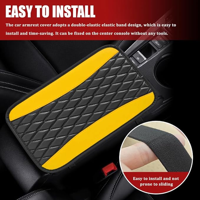 Car Center Console Cushion Pad, Armrest Cover for Car, Leather Waterproof Armrest Seat Box Cover, Auto Accessories Comfortable Arm Rest Box Cushion Pad for Most Vehicles (Yellow)