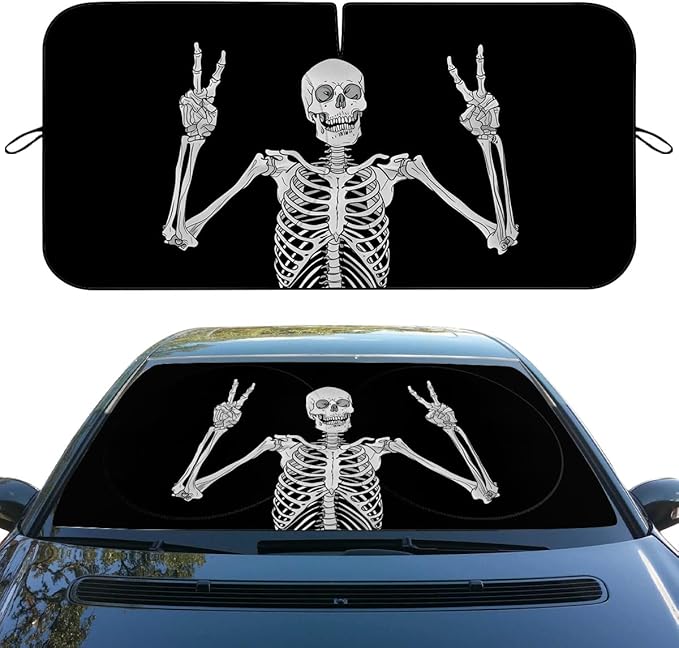 Funny Skull Car Windshield Sunshade Folding Human Skeleton Black Heatshield Front Window Car Sun Shade Windshield Rays Sun Shade Visor Protector for Car Sedan Truck SUV Accessories 59" L x 31.5" W