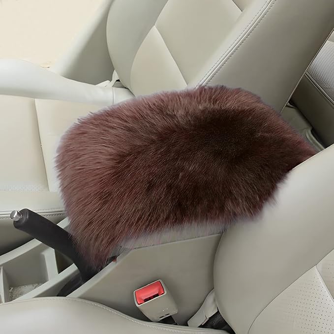 Furry Auto Center Console Cover Pad, 11.8"x7.8" Soft Sheepskin Wool Armrest Cushion, Fluffy Vehicle Armrest Seat Box Protector Warm in Winter, Car Interior Accessories for Women and Men (Coffee)
