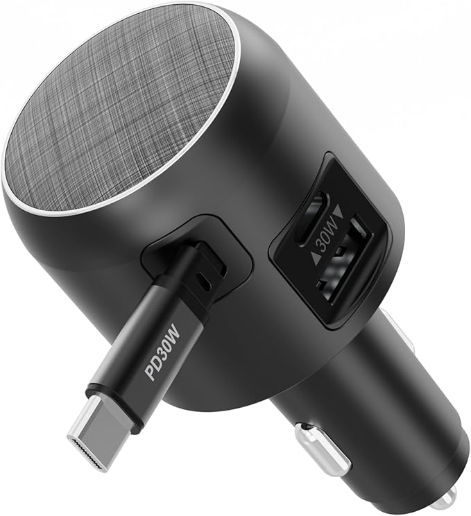 60W Retractable Car Charger, 3-in-1 USB-C Fast Charging Cigarette Lighter Adapter with Built-in Retractable Cable, Compatible with iPhone 16/15 Pro Max, Galaxy S25, iPad(Black)