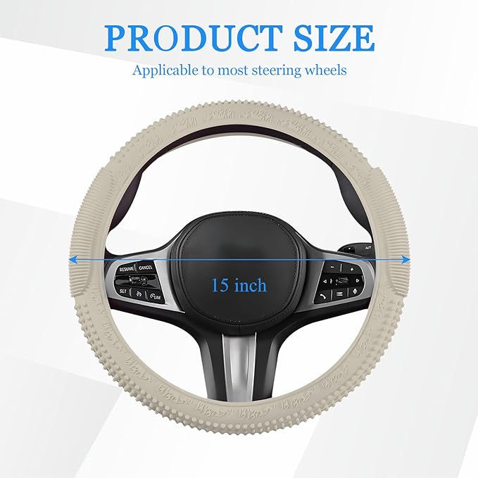 Wuyaoyao Car Steering Wheel Cover, Anti-Slip Silicone Steering Wheel Cover Protector, Non-Slip Massage Grip Auto Wheel Cover Fits 14-15 Inch, Universal Interior Car Accessories (Beige)
