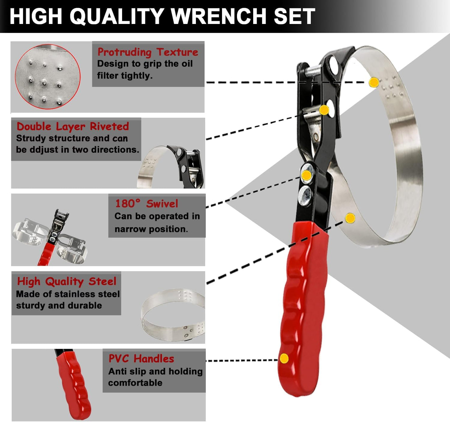 9pcs Oil Filter Wrench Set, 9" and 12" Oil Filter Pliers with Oil Snap Funnel for Automotive Oil Change, Adjustable Oil Filter Removal Tool From 1-3/4" to 6"