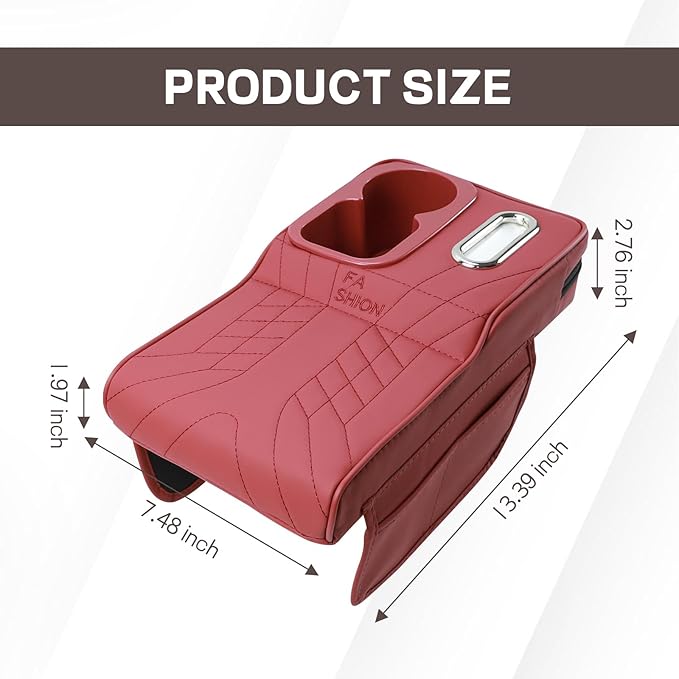 Car Center Console Armrest Pillow, 13.4"×7.5"×2" Leather Auto Arm Rest Cover with Pocket & Tissue Box & Cup Holder, Multifunctional Vehicle Armrest Cushion Pad, Car Accessories (Red)
