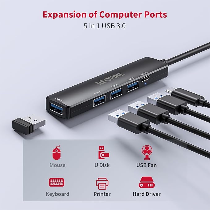 5-Port Powred USB 3.0 Hub,USB Hub Splitter,Portable USB Adapter Mini Multiport Expander for Desktop, Laptop, Gamepad,U Disk, Printer, Mouse, Keyboards