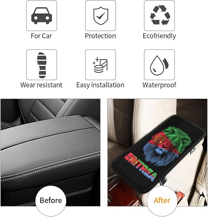 Vintage Eritrea Eritrean Flag Lion Head Auto Center Console Armrest Cover Car Handrail Box Cushion Pad Mat Universal Fit Most Vehicle Sedan Truck SUV Soft Comfort Decor Accessories