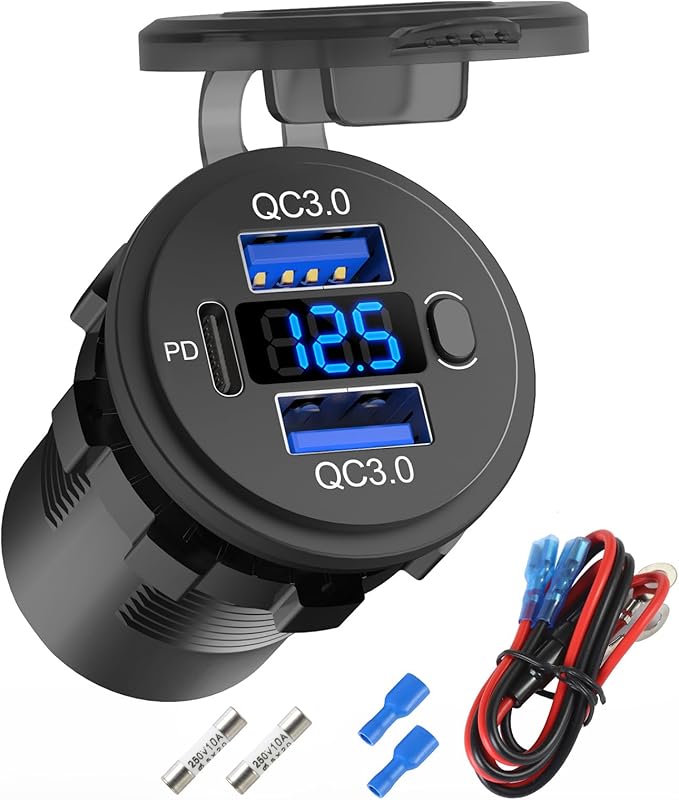 Hapytrip 12 Volt USB Outlet Dual Quick Charge 3.0 Port and PD3.0 USB C Car Battery Chargers Socket, Waterproof 12V Power Outlet Cigarette Lighter Replacement DIY Kit with Voltmeter and Switch for Boat