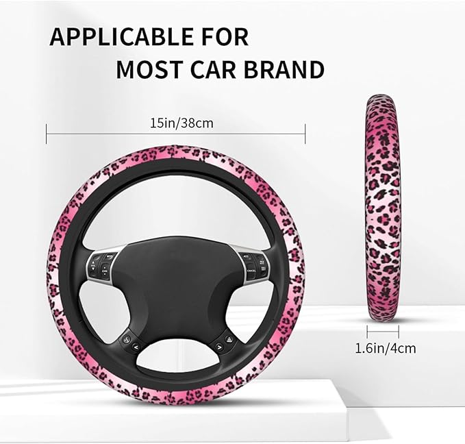 Pink Leopard Print Steering Wheel Cover Cheetah Animal Steering Wheel Cover Anti-Slip Breathable Universal for 15 Inch Car with 2 Pieces Car Coasters Suitable for Men Women