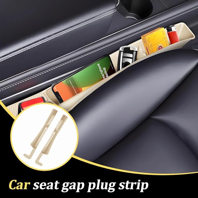 Car Seat Gap Filler, 2PCS Anti-Drop Multifunctional Vehicle Seat Side Space Organizer with 2 Storage Areas, Automotive Interior Chair Side Plug Strip, Universal for SUV Sedan Truck (Beige)